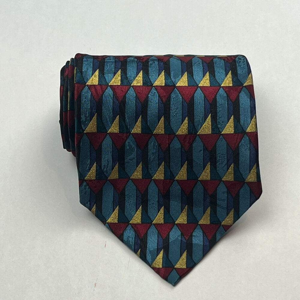 J. Blades & Co Men's Neckie Diamond Geometric Blue Burgundy Gold Made By Hand